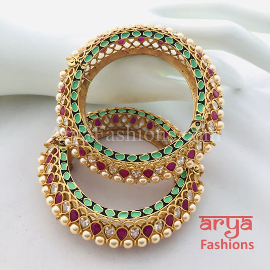 2.4,2.6,2.8 Bridal Kundan Gajra pair of 2 in Mint Green Meenakari and Ruby