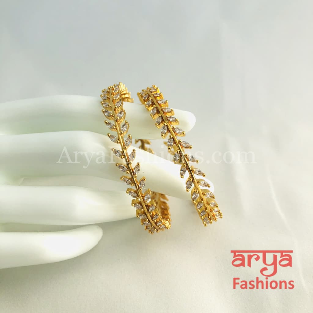 2.4,2.6,2.8 Golden CZ Leaf Bangles,Cubic Zirconia Trendy Kada Bangles