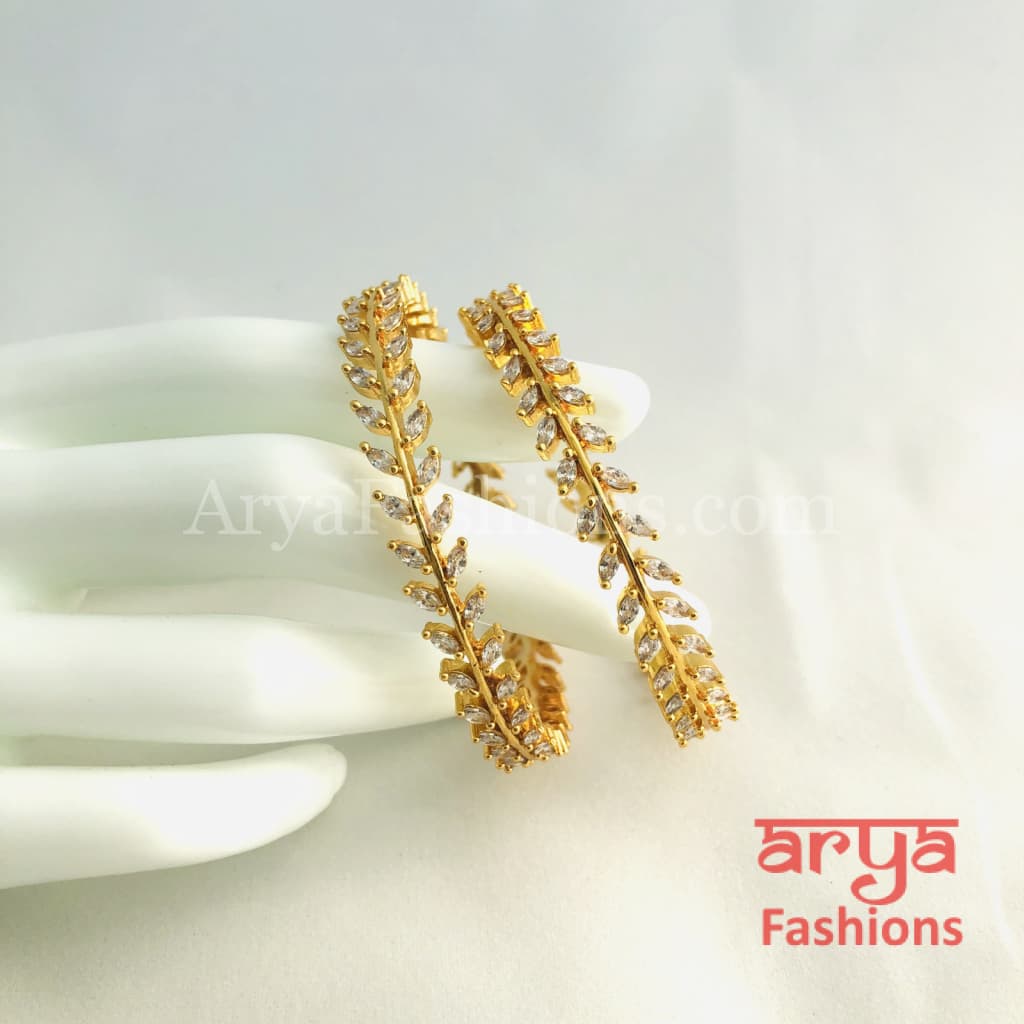 2.4,2.6,2.8 Golden CZ Leaf Bangles,Cubic Zirconia Trendy Kada Bangles