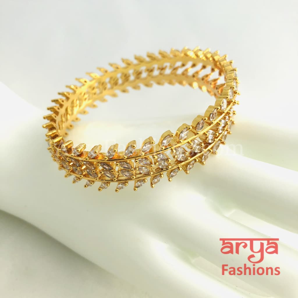 2.4,2.6,2.8 Golden CZ Leaf Bangles,Cubic Zirconia Trendy Kada Bangles