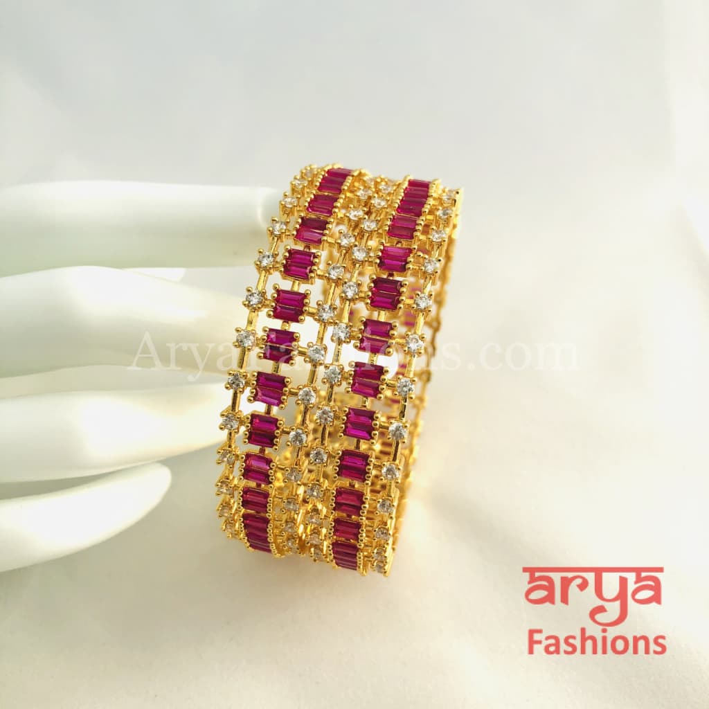 2.4,2.6,2.8 Ruby Kundan Kada Bangles with Cubic Zirconia Stones Pair of 2