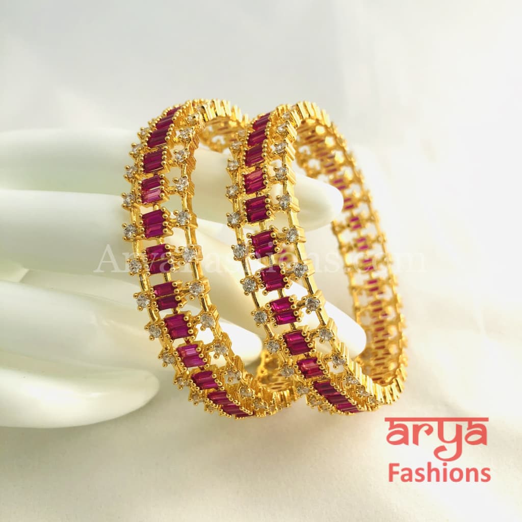 2.4,2.6,2.8 Ruby Kundan Kada Bangles with Cubic Zirconia Stones Pair of 2