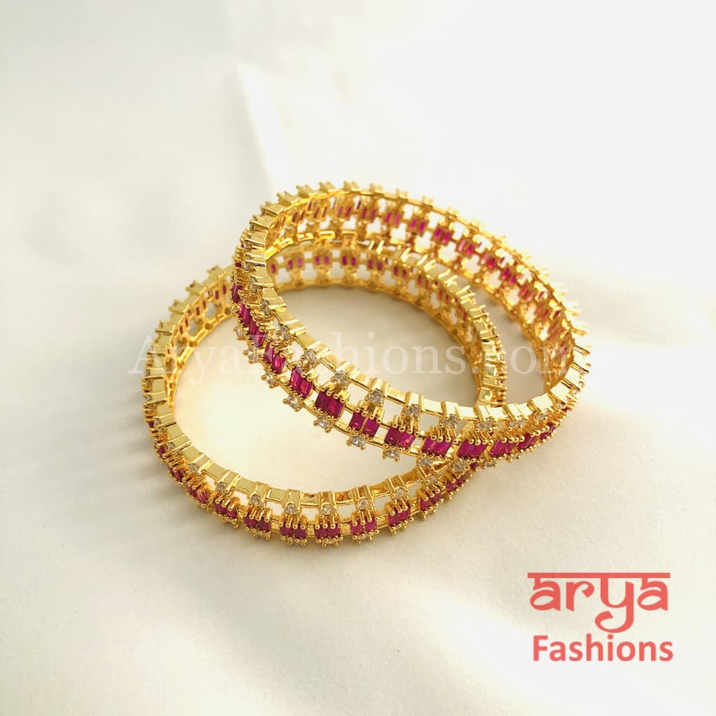 2.4,2.6,2.8 Ruby Kundan Kada Bangles with Cubic Zirconia Stones Pair of 2