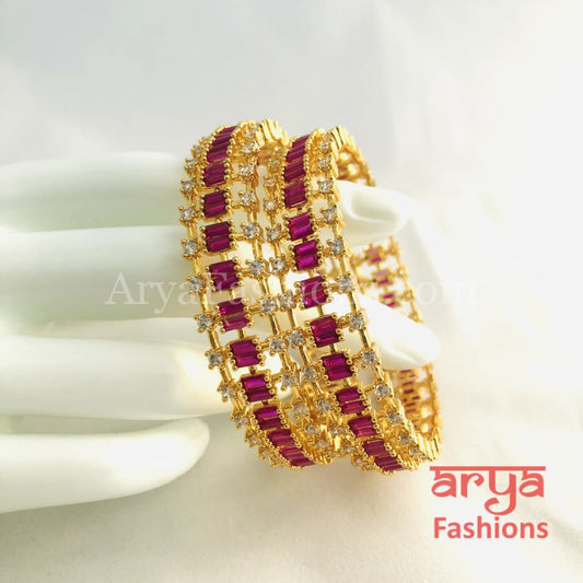 2.4,2.6,2.8 Ruby Kundan Kada Bangles with Cubic Zirconia Stones Pair of 2