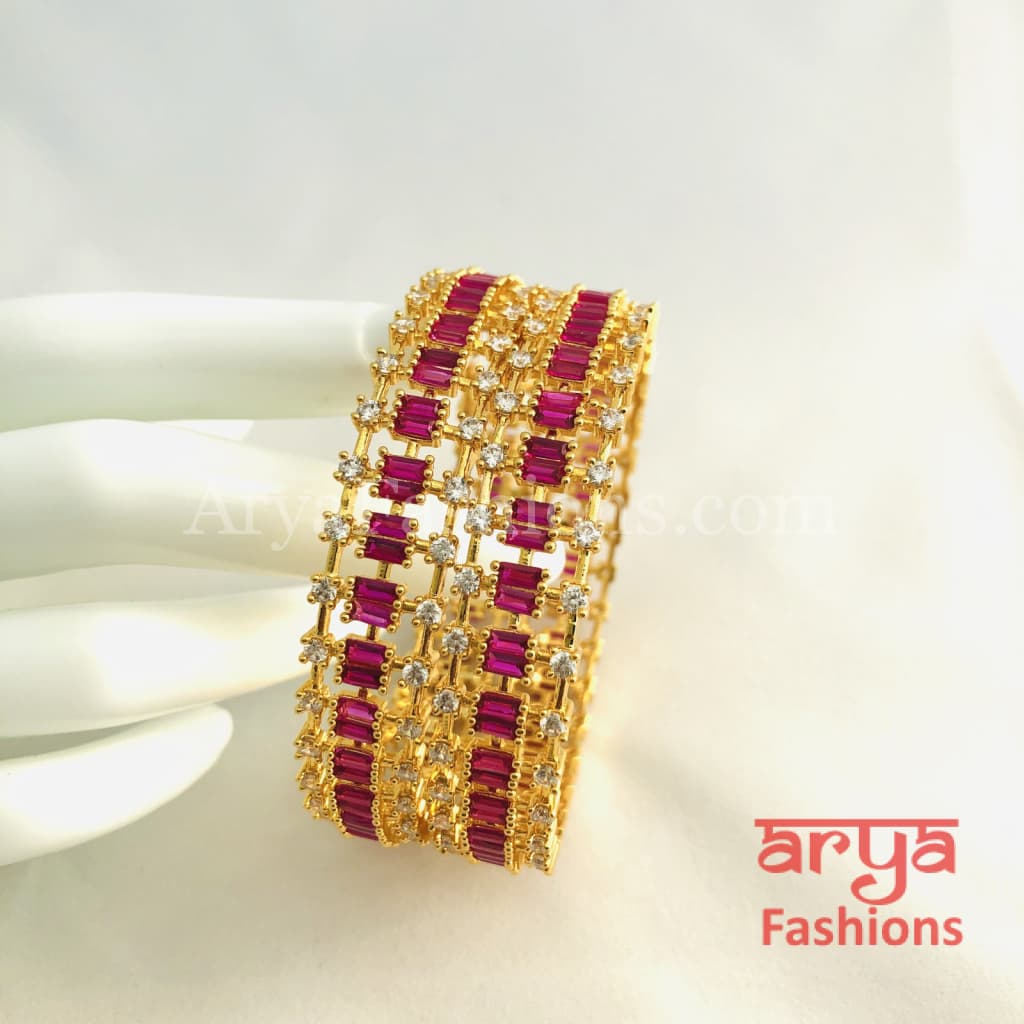 2.4,2.6,2.8 Ruby Kundan Kada Bangles with Cubic Zirconia Stones Pair of 2