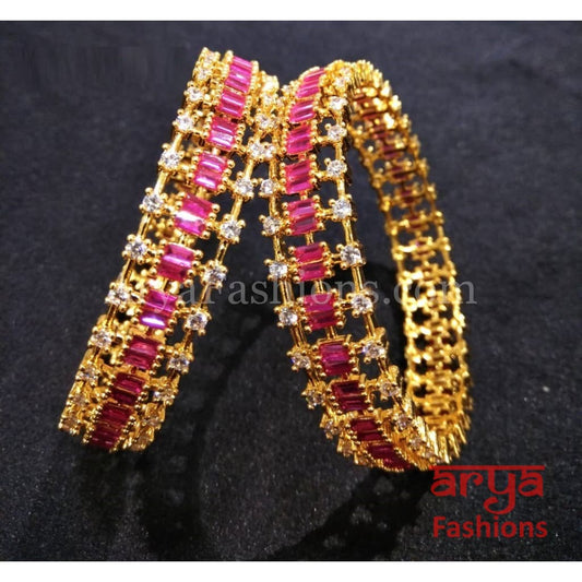 2.4,2.6,2.8 Ruby Kundan Kada Bangles with Cubic Zirconia Stones Pair of 2