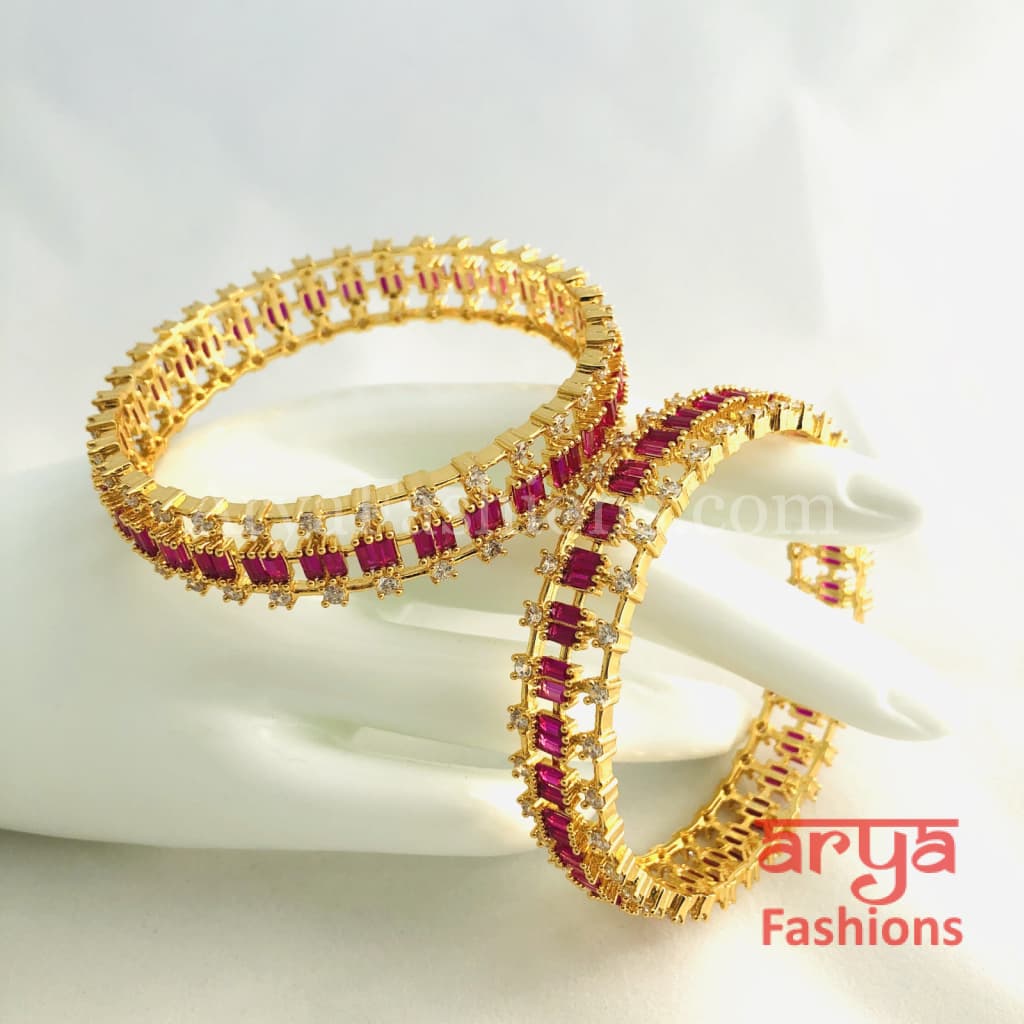 2.4,2.6,2.8 Ruby Kundan Kada Bangles with Cubic Zirconia Stones Pair of 2