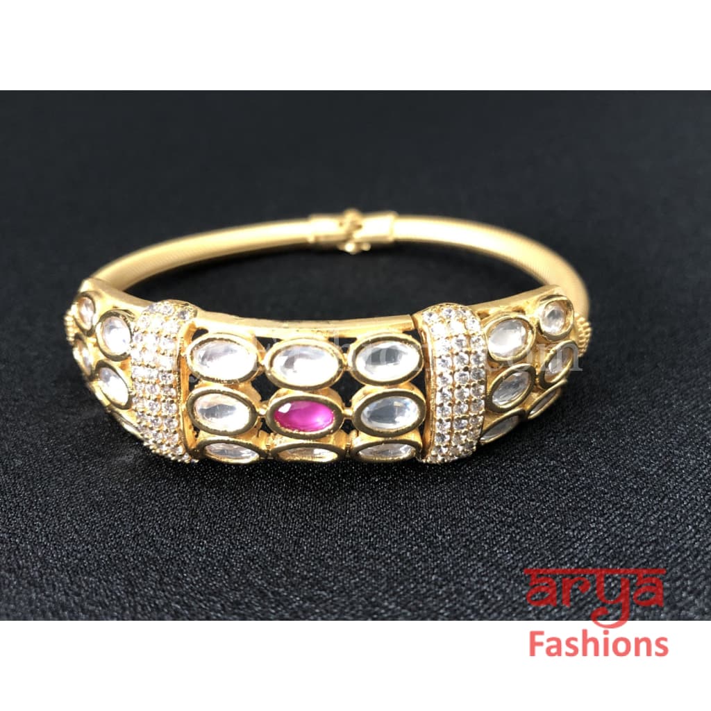 2.6,2.8 size Kundan Bracelet with White and Pink Stone