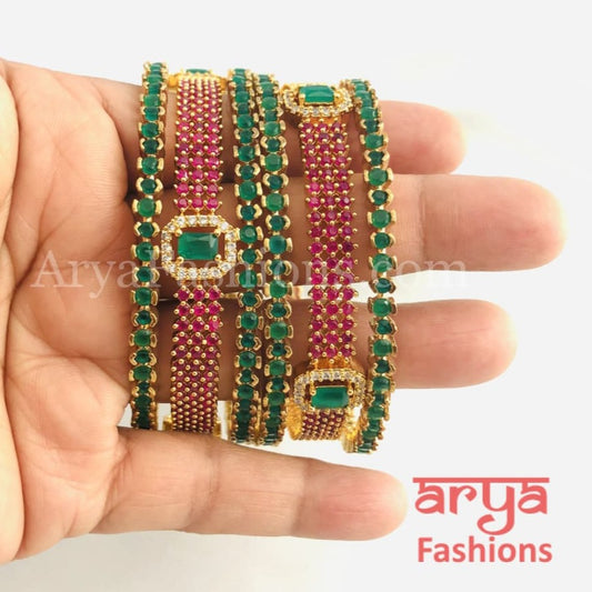 2.6 Golden Emerald Green Trendy Bangles with Kada Set of 6