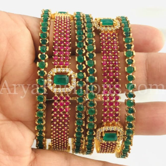 2.6 Golden Emerald Green Trendy Bangles with Kada Set of 6