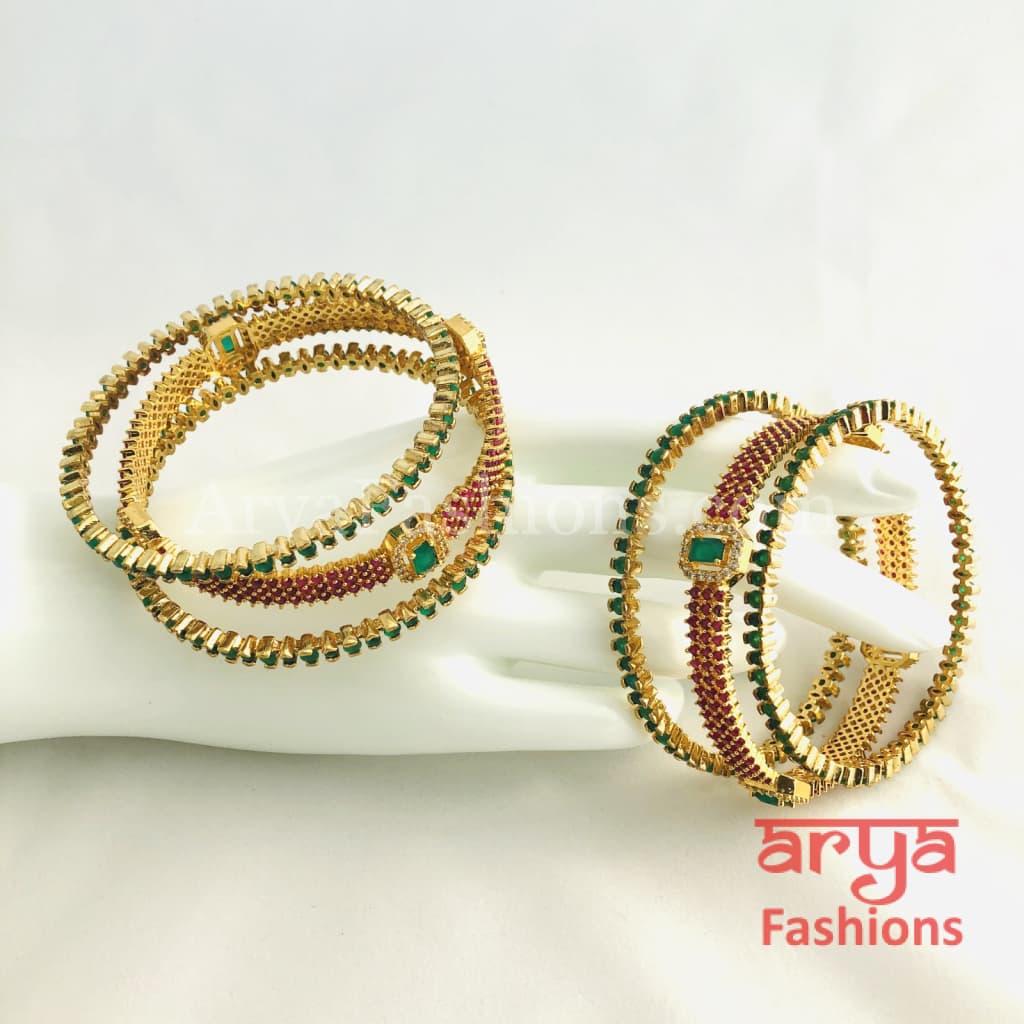 2.6 Golden Emerald Green Trendy Bangles with Kada Set of 6