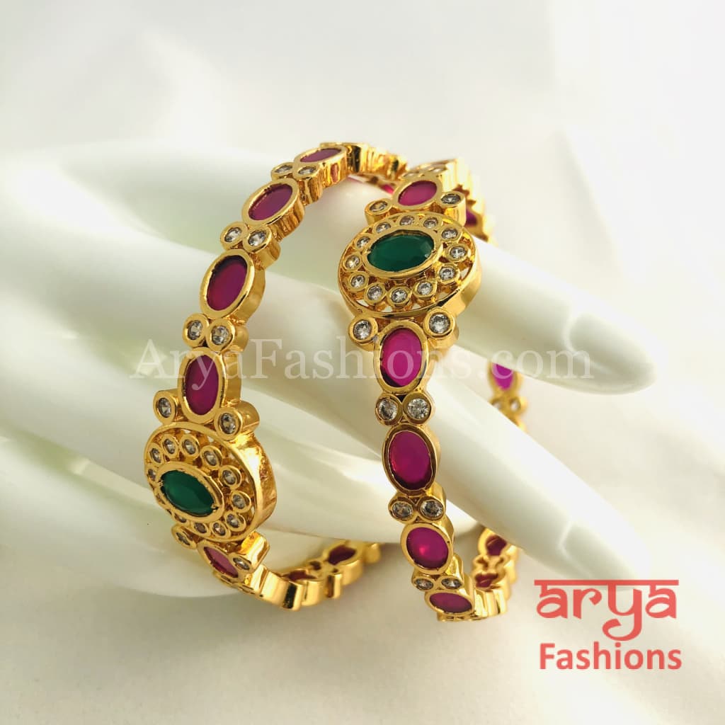 2.6 Golden Ruby Emerald Trendy Kada Bangles with CZ Stones