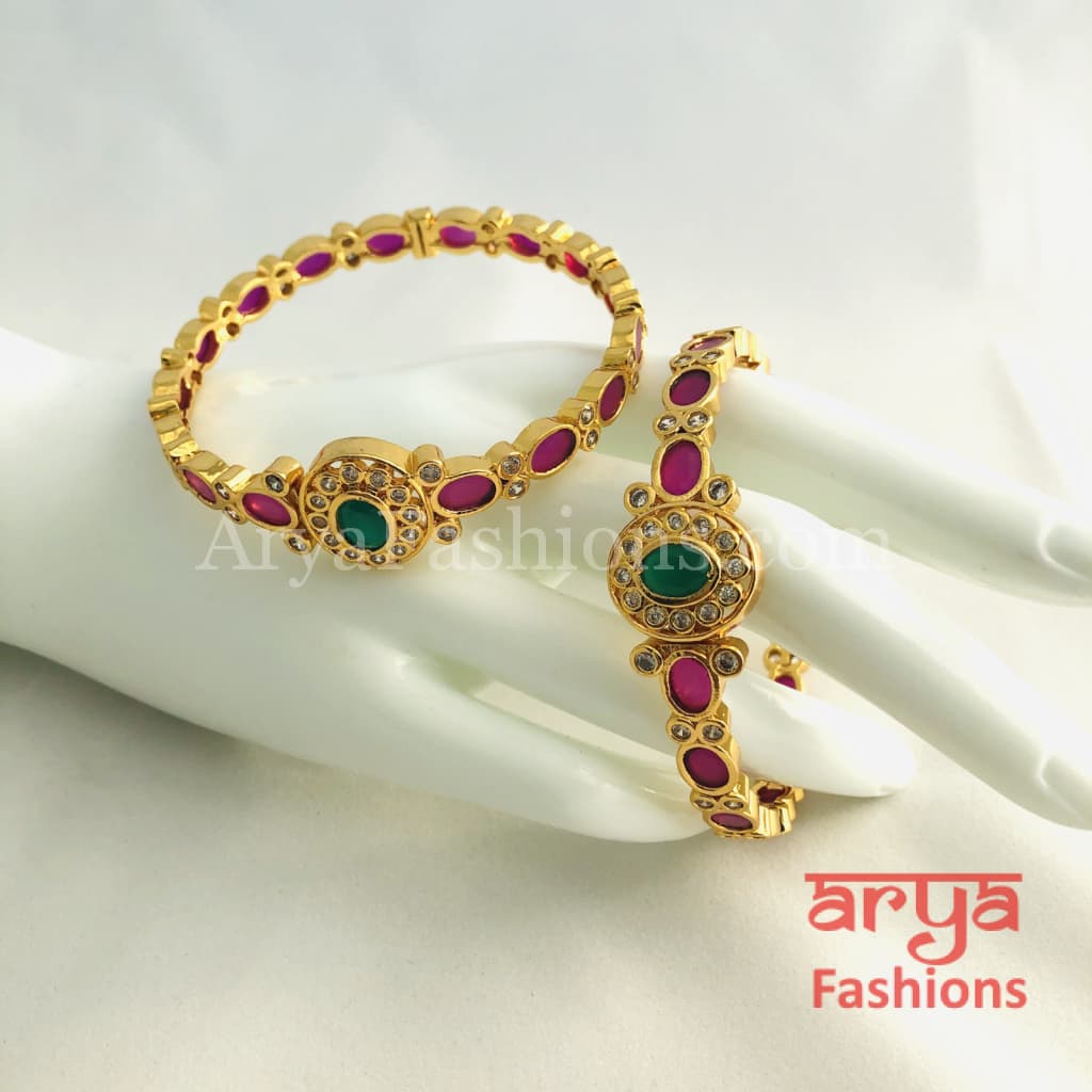 2.6 Golden Ruby Emerald Trendy Kada Bangles with CZ Stones