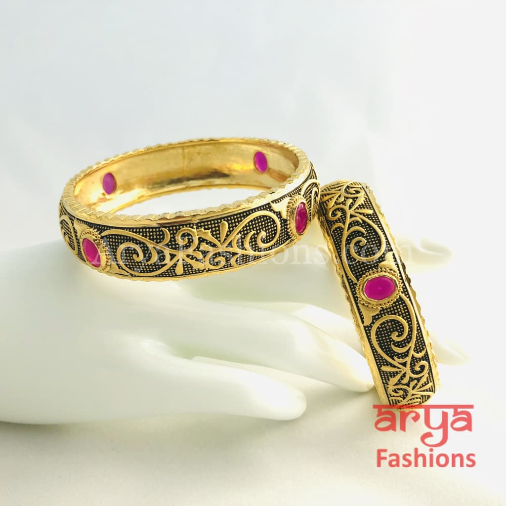 2.6 Golden Ruby Kada Bangles with Black Meenakari