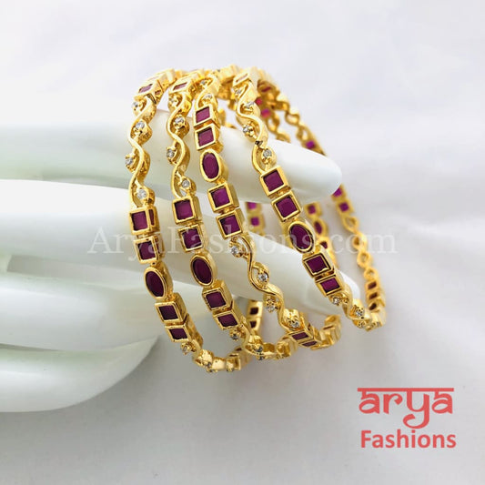 2.6 Golden Ruby Pink CZ Trendy Bangles Set of 4