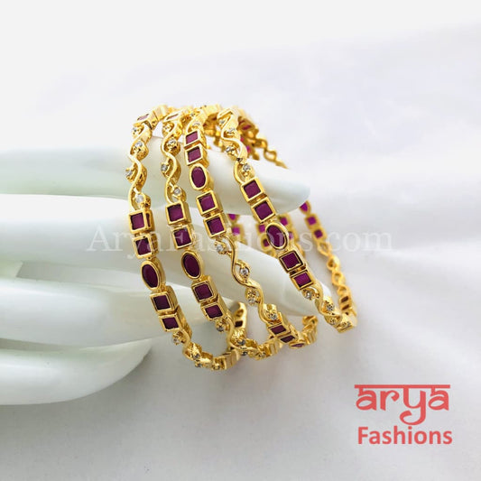 2.6 Golden Ruby Pink CZ Trendy Bangles Set of 4