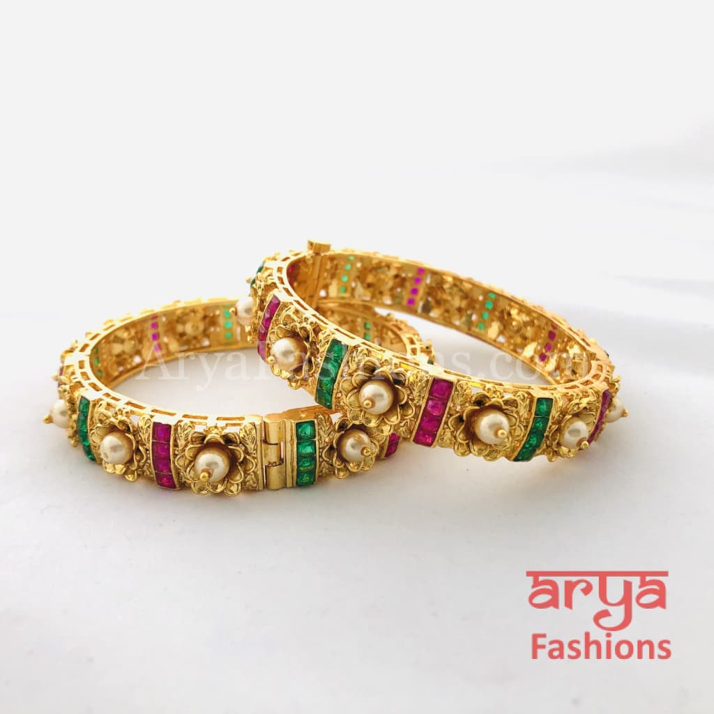 2.6 size Kundan Ruby Rajwadi Meenakari Bangles with Pearls
