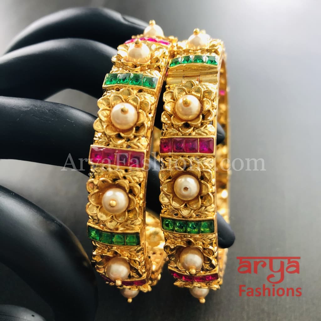 2.6 size Kundan Ruby Rajwadi Meenakari Bangles with Pearls