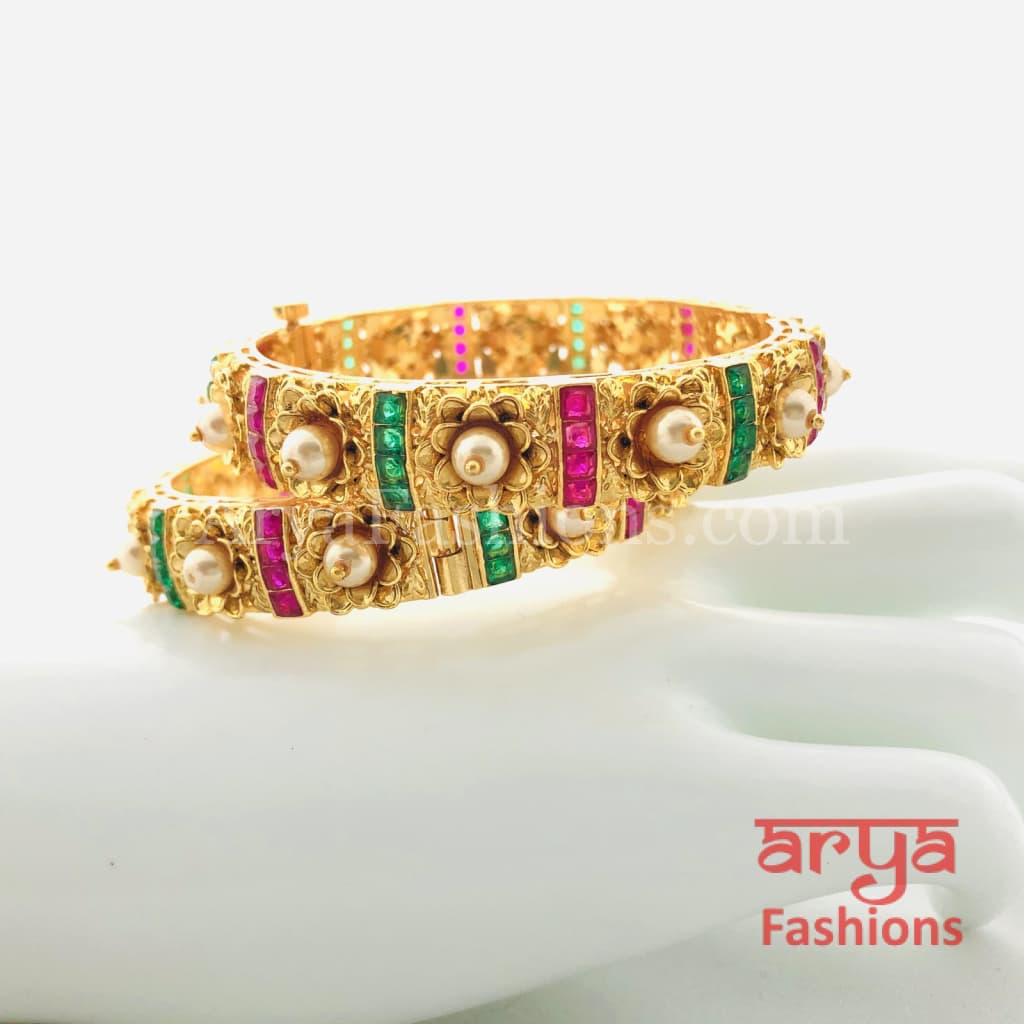 2.6 size Kundan Ruby Rajwadi Meenakari Bangles with Pearls