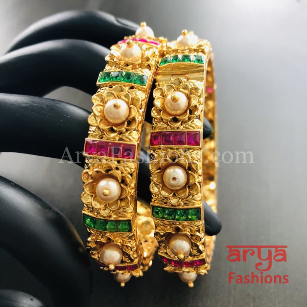 2.6 size Kundan Ruby Rajwadi Meenakari Bangles with Pearls