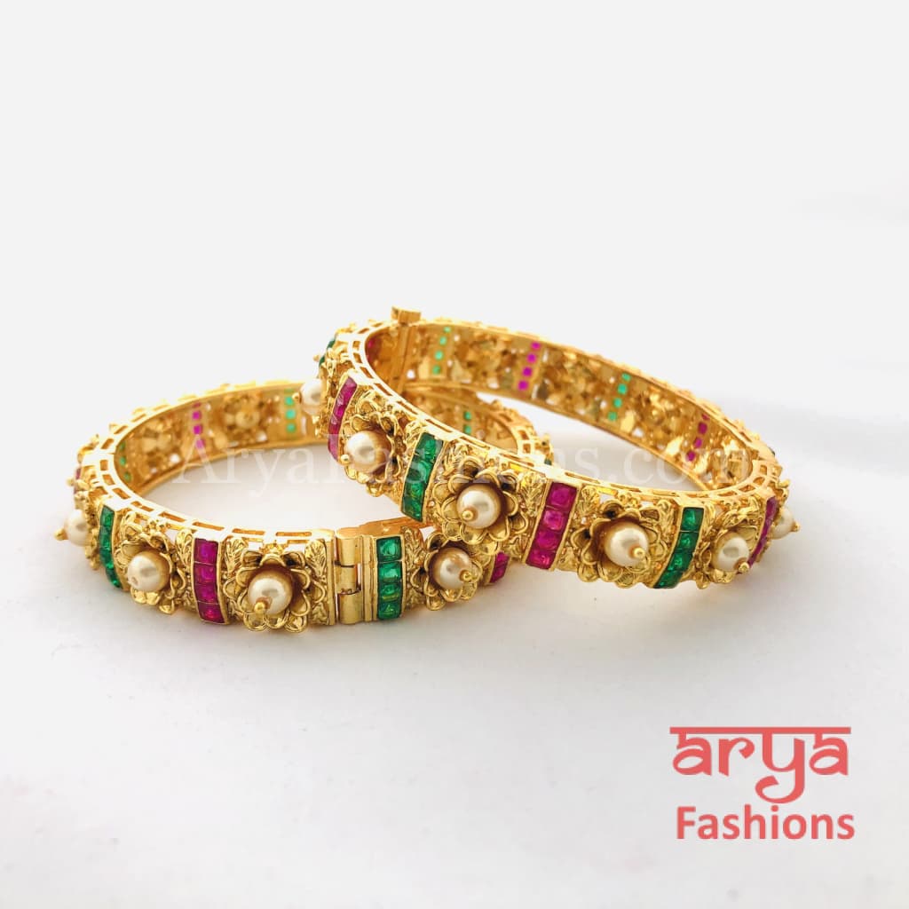 2.6 size Kundan Ruby Rajwadi Meenakari Bangles with Pearls