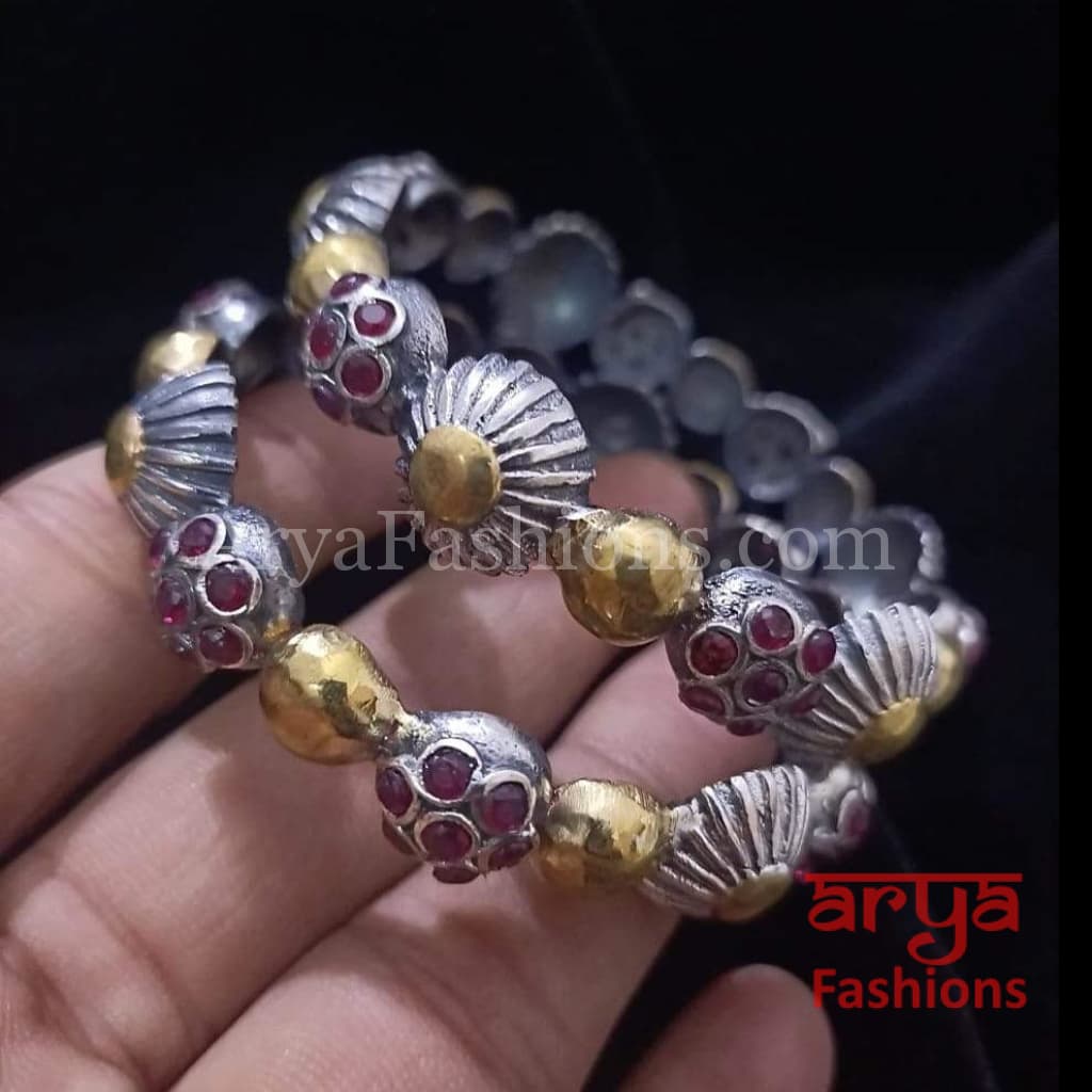 2.6 size Oxidized Dual Tone Gold bangles with Pink. White and Green stones
