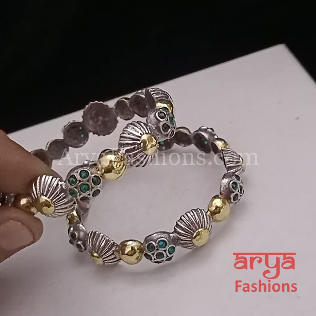 2.6 size Oxidized Dual Tone Gold bangles with Pink. White and Green stones