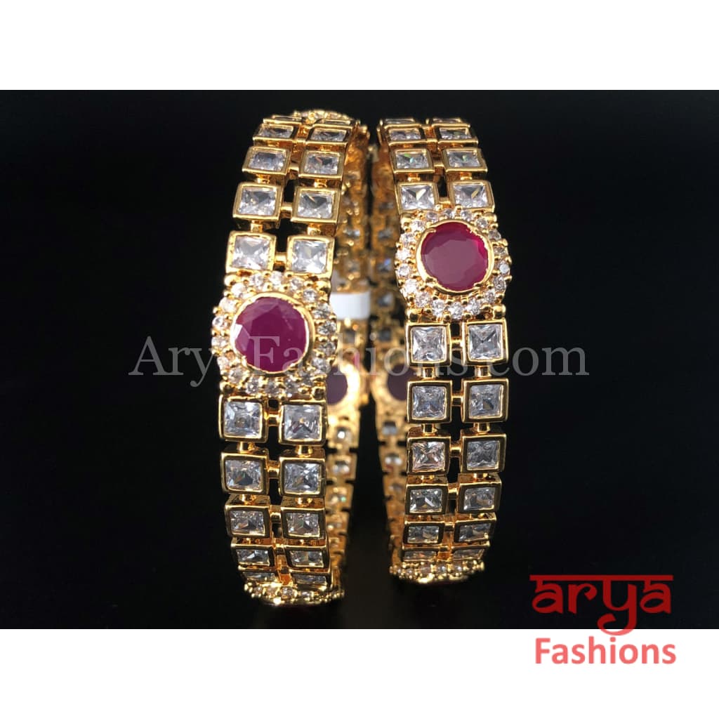 2.6 size Ruby and White CZ Stones Studded Bridal Bangles