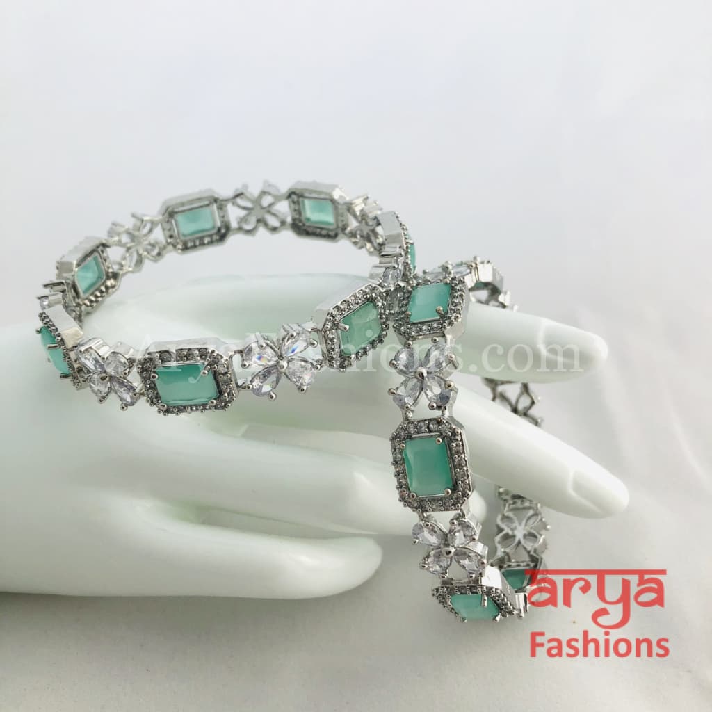 2.6 size Silver Mint Green Stone Bangles Pair of 2