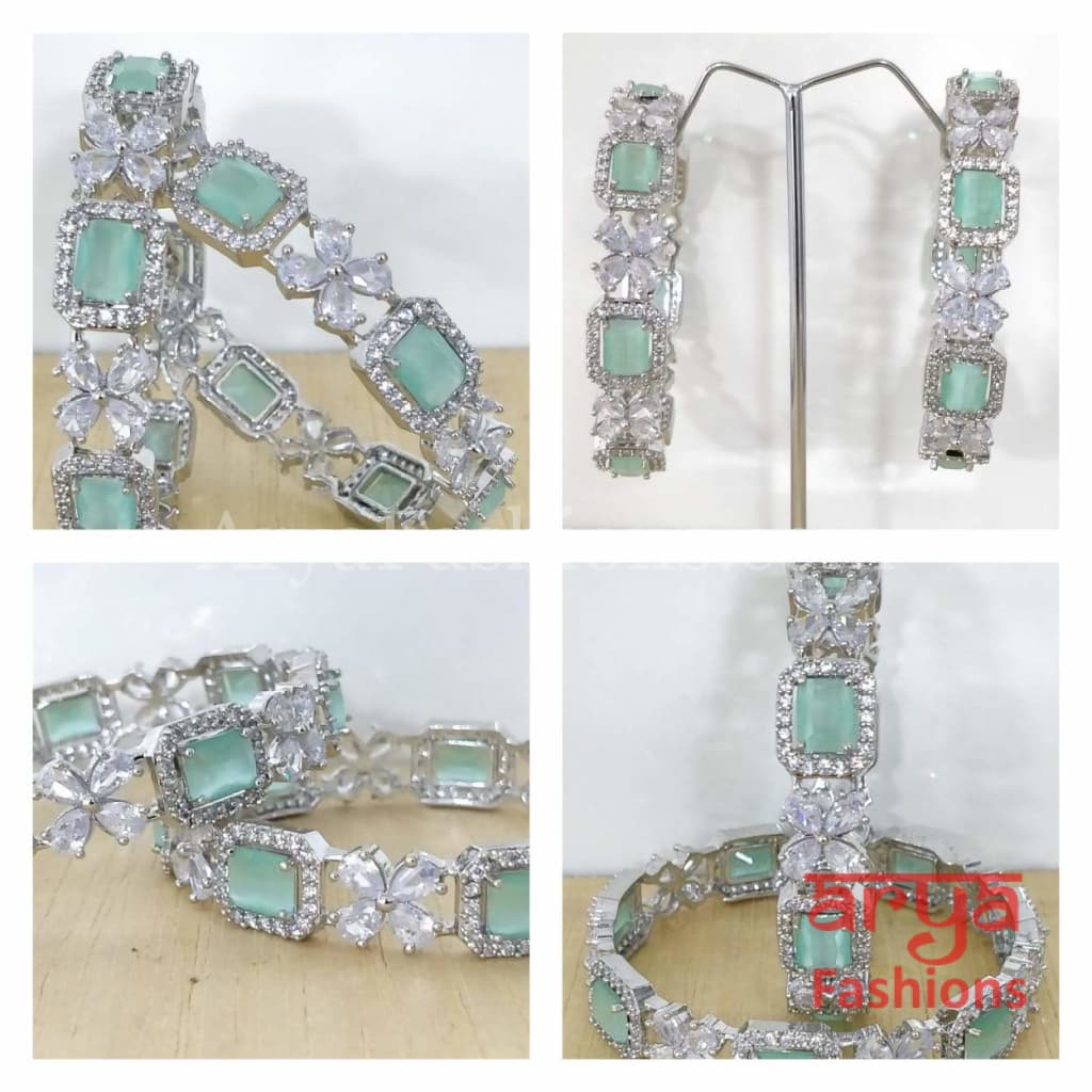 2.6 size Silver Mint Green Stone Bangles Pair of 2