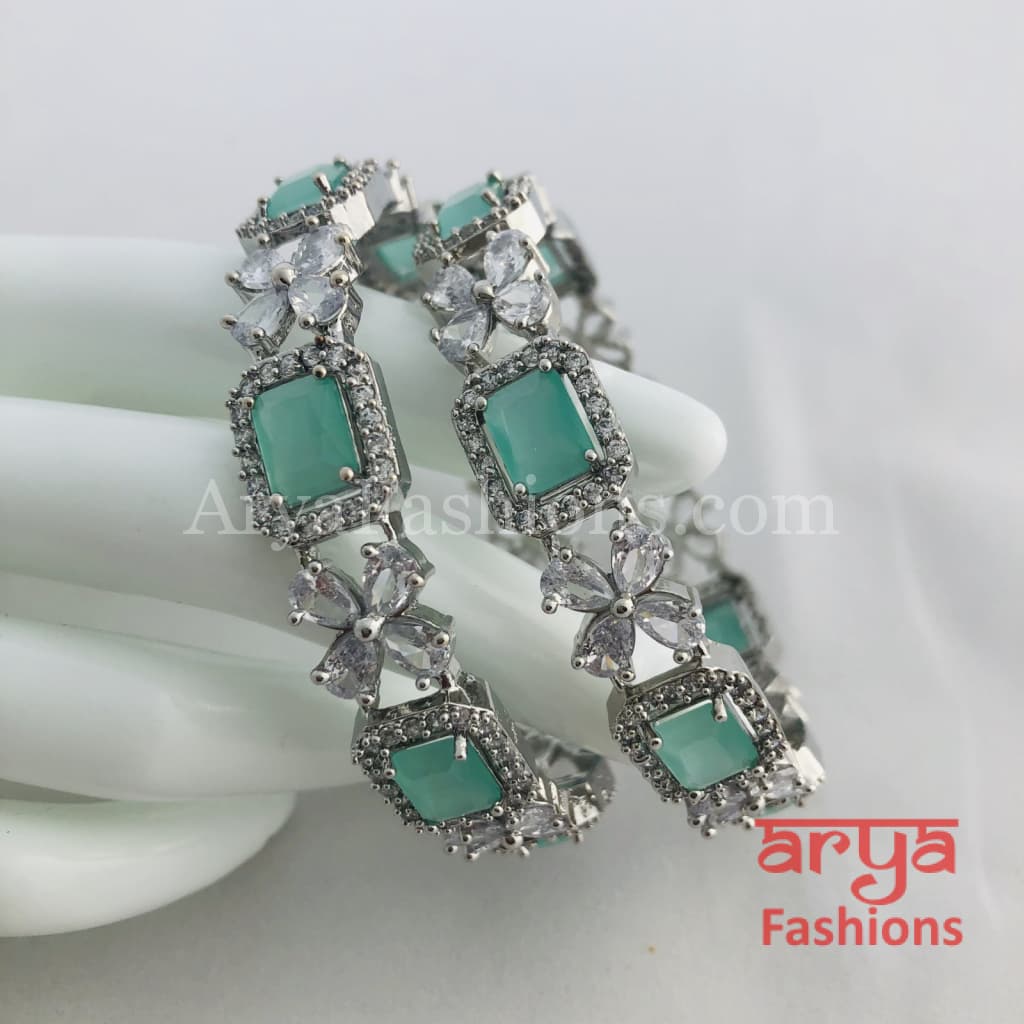 2.6 size Silver Mint Green Stone Bangles Pair of 2