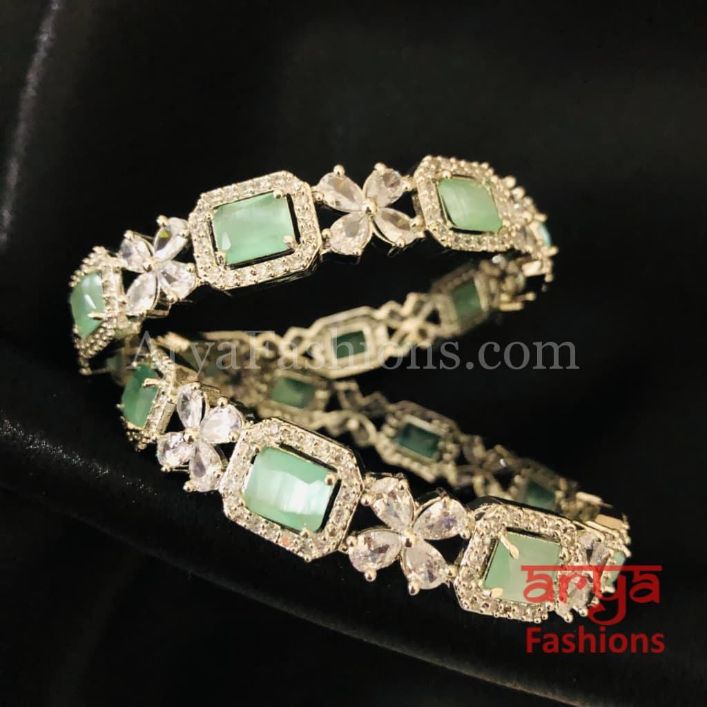 2.6 size Silver Mint Green Stone Bangles Pair of 2