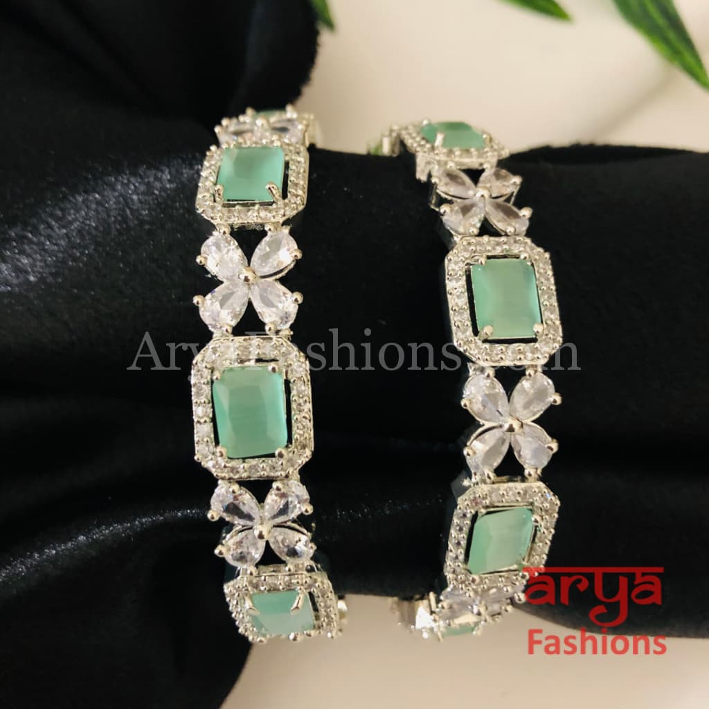 2.6 size Silver Mint Green Stone Bangles Pair of 2