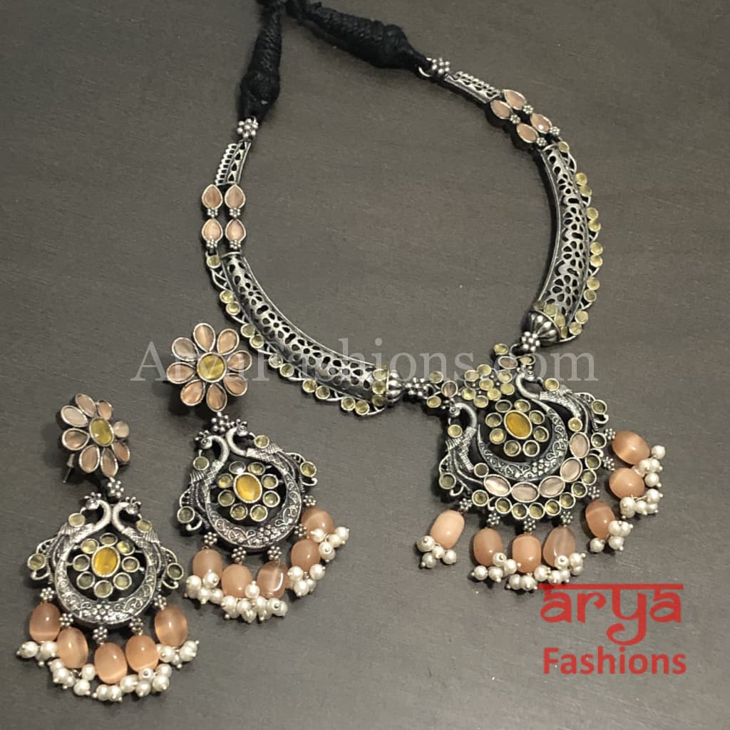 Aarushi Handcarved Stone Pendant Necklace/ Amrapali Silver Oxidized Tribal
