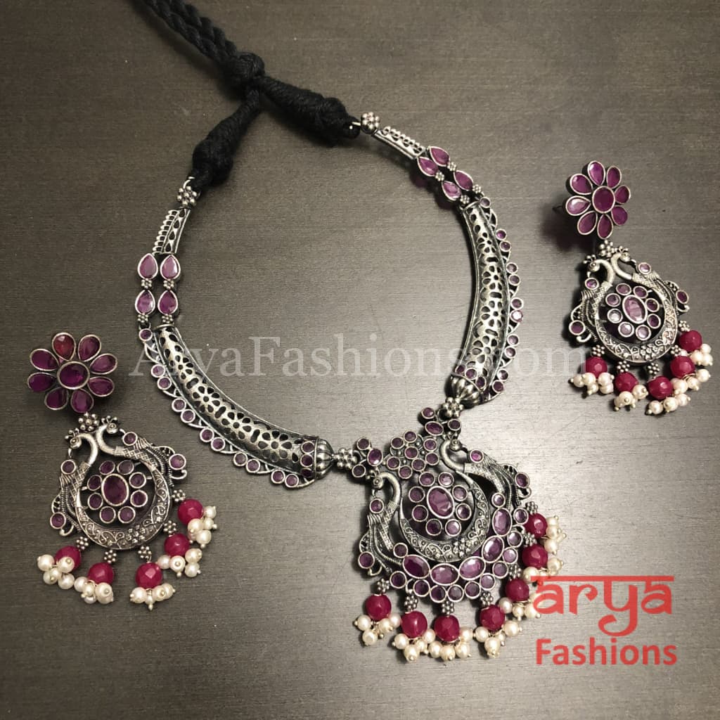Aarushi Handcarved Stone Pendant Necklace/ Amrapali Silver Oxidized Tribal