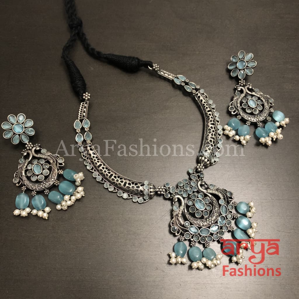 Aarushi Handcarved Stone Pendant Necklace/ Amrapali Silver Oxidized Tribal