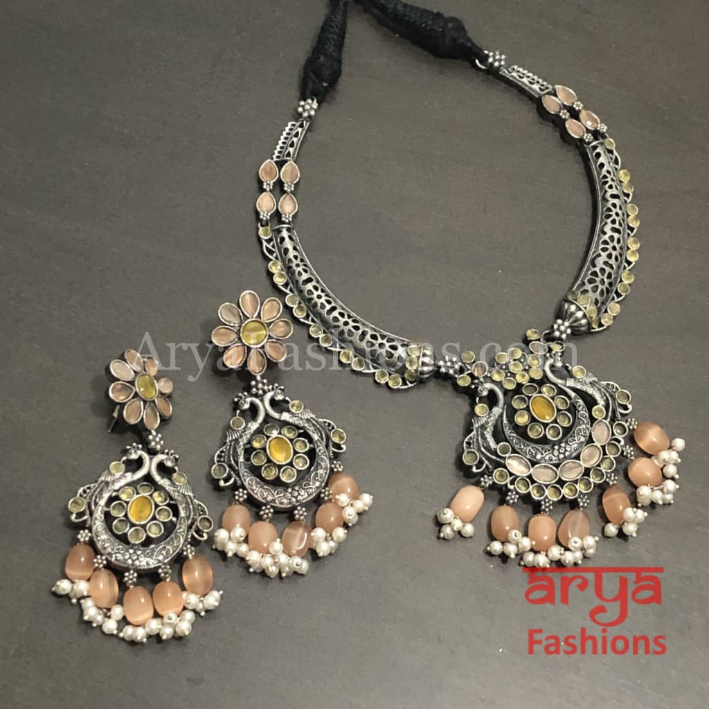 Aarushi Handcarved Stone Pendant Necklace/ Amrapali Silver Oxidized Tribal