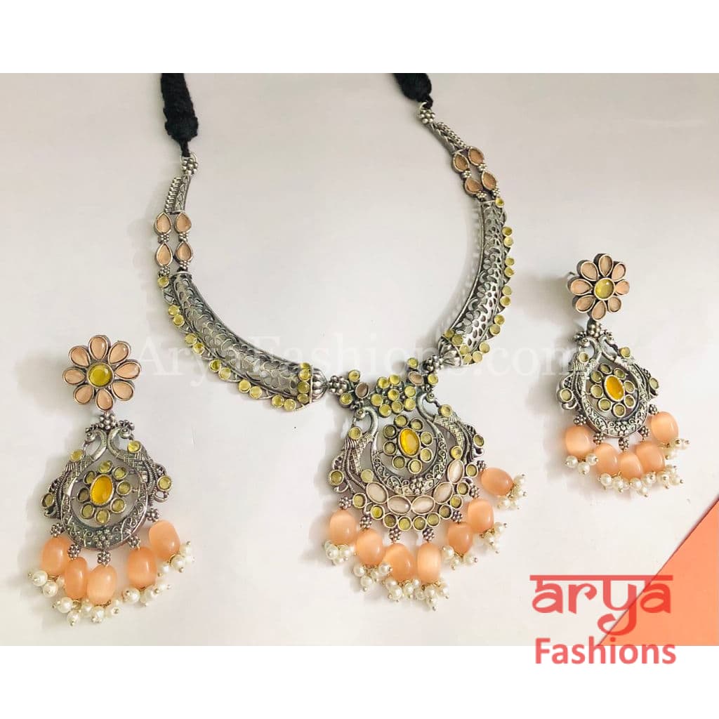 Aarushi Handcarved Stone Pendant Necklace/ Amrapali Silver Oxidized Tribal