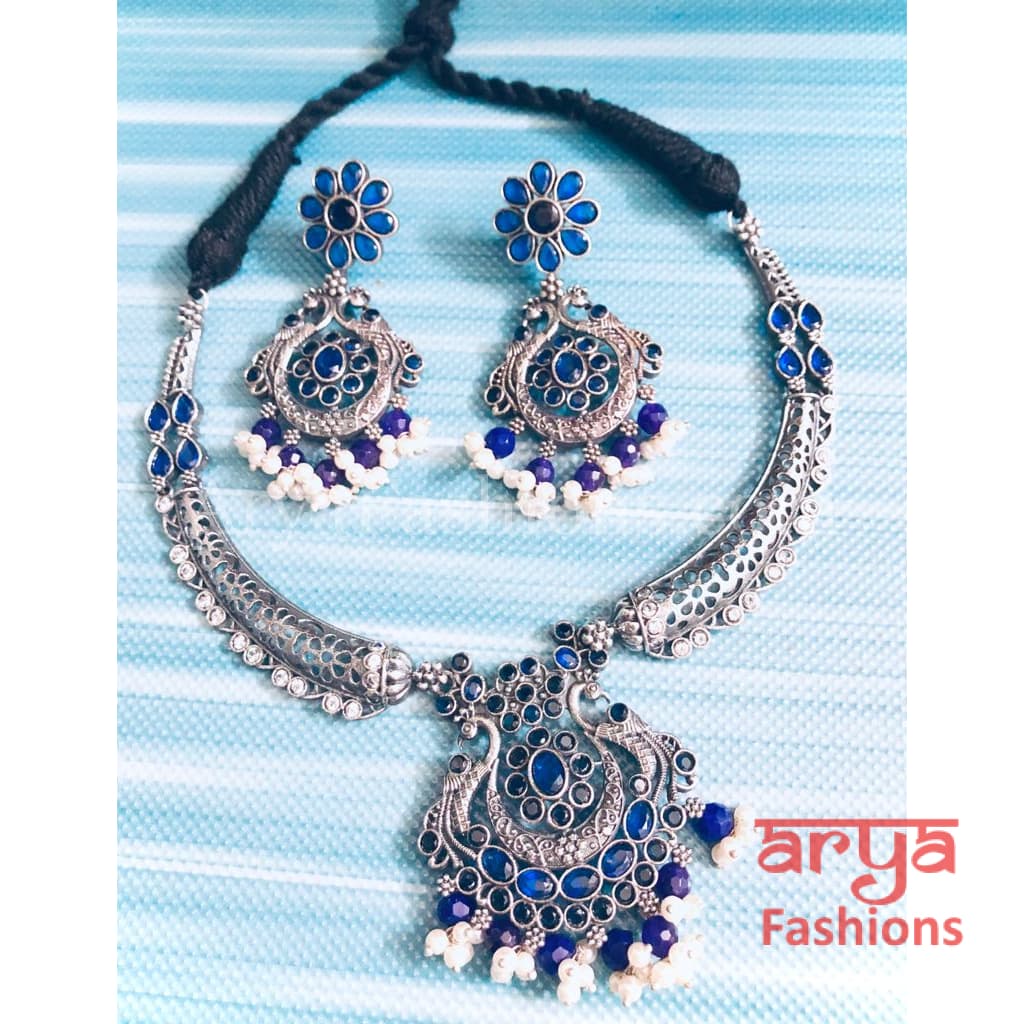 Aarushi Handcarved Stone Pendant Necklace/ Amrapali Silver Oxidized Tribal