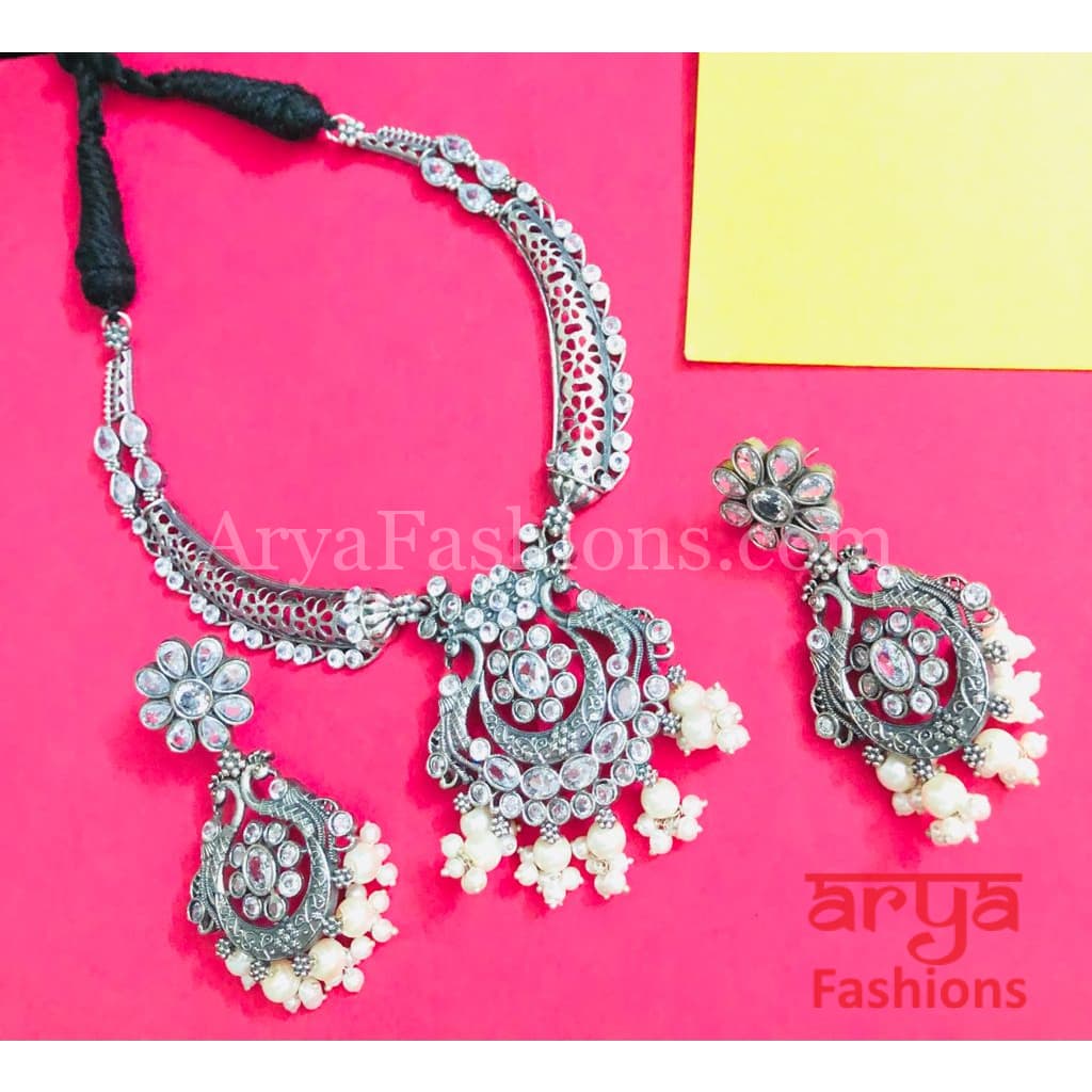 Aarushi Handcarved Stone Pendant Necklace/ Amrapali Silver Oxidized Tribal