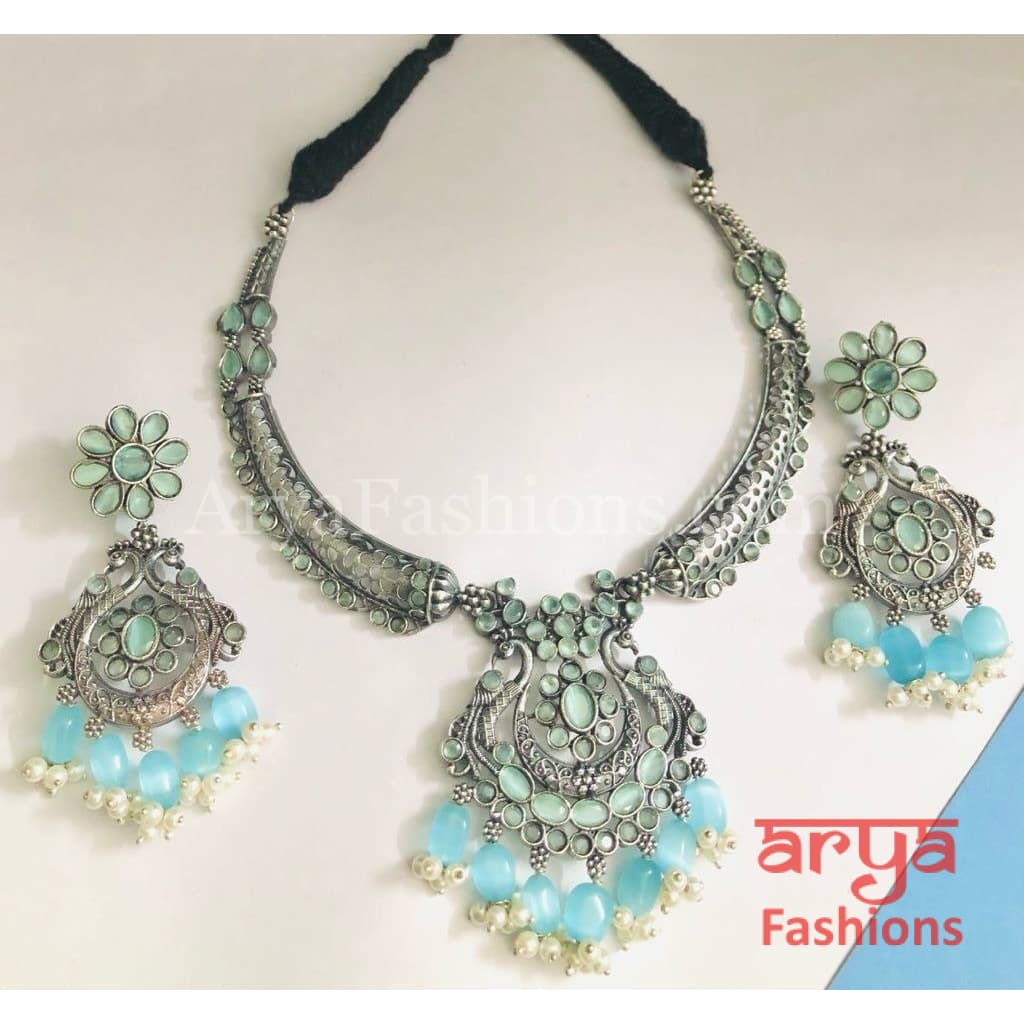 Aarushi Handcarved Stone Pendant Necklace/ Amrapali Silver Oxidized Tribal