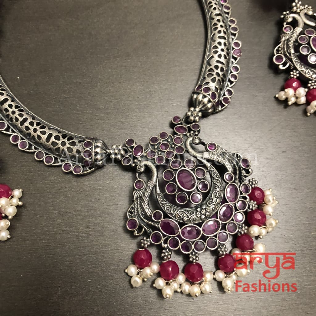 Aarushi Handcarved Stone Pendant Necklace/ Amrapali Silver Oxidized Tribal