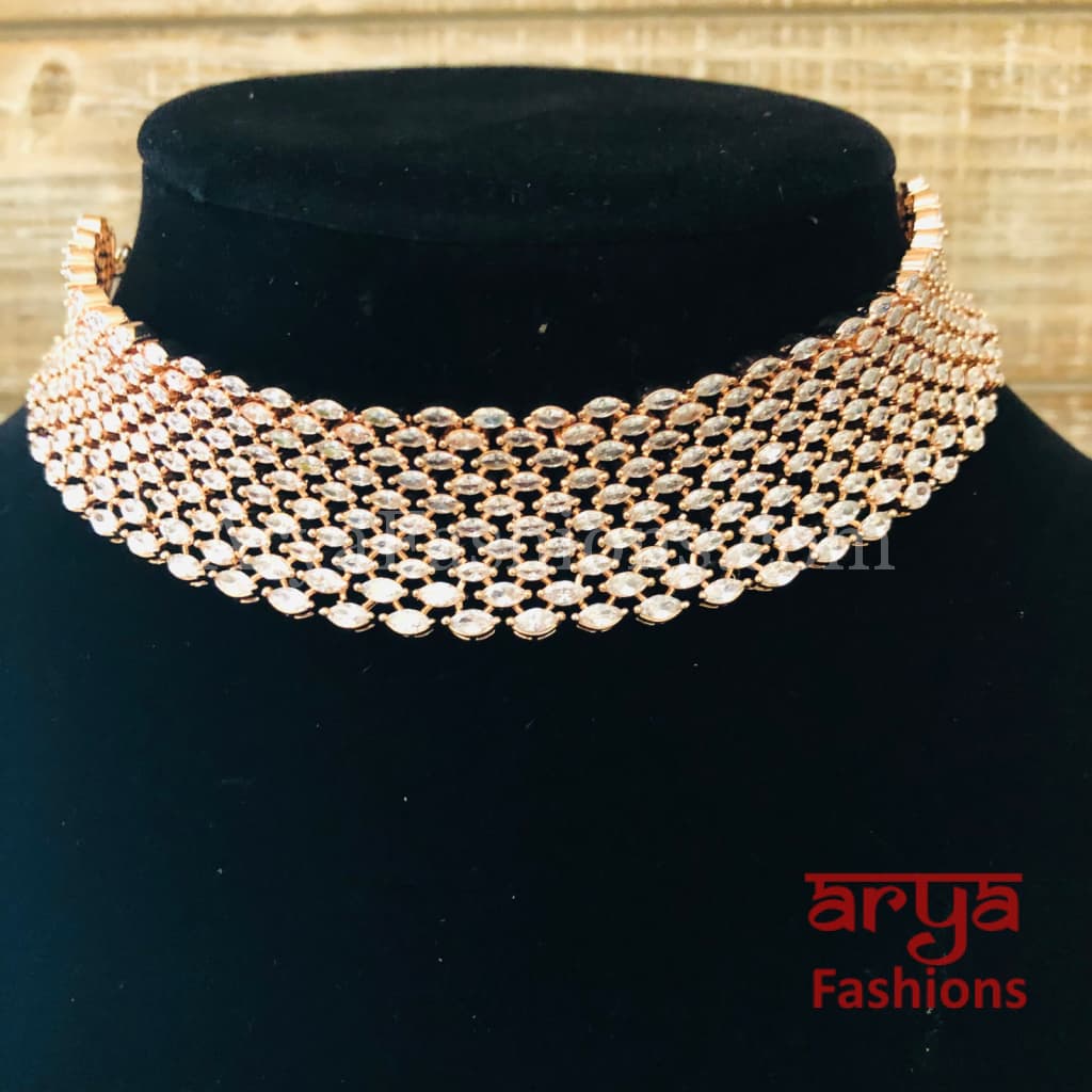 Abbey Bridal Rose Gold Silver CZ Choker with Earrings