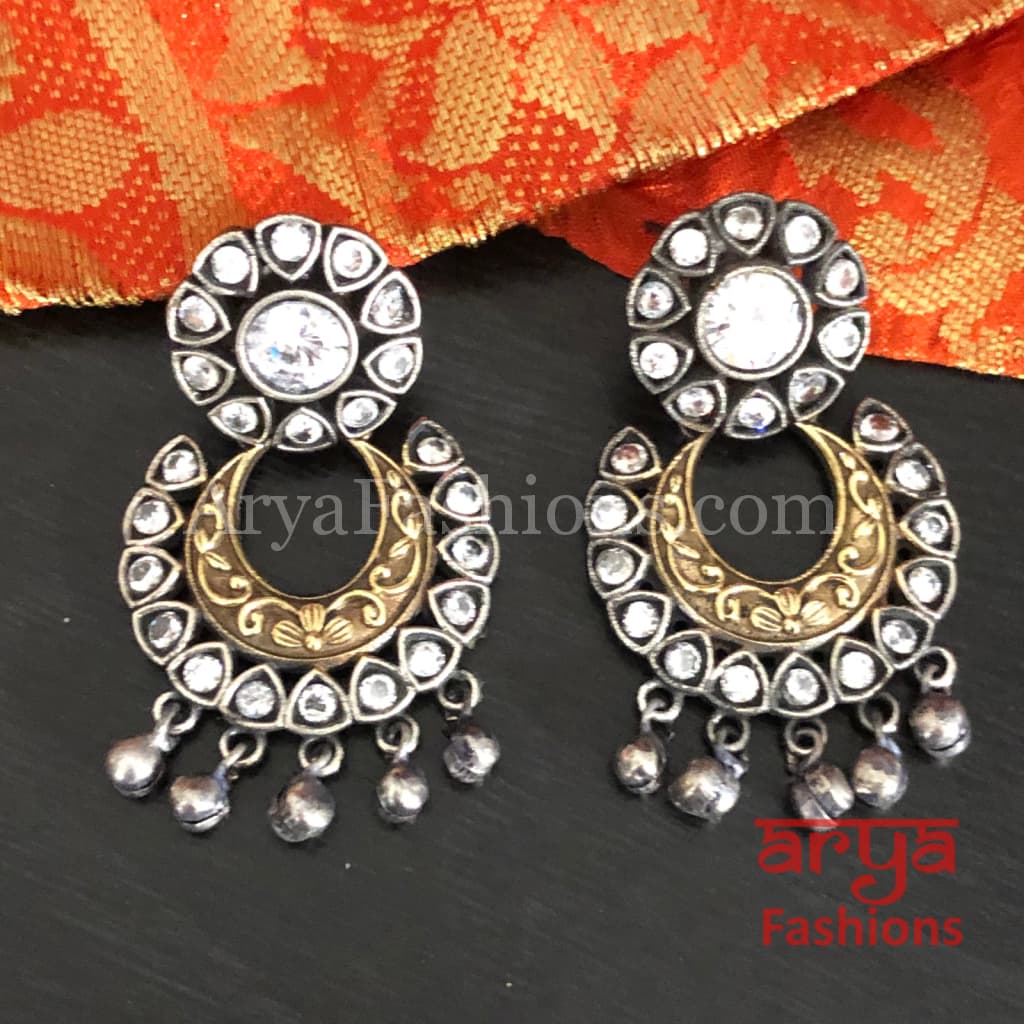 Ahira Dual Tone Colored Stone Studded Silver Oxidized Chandbali Earrings