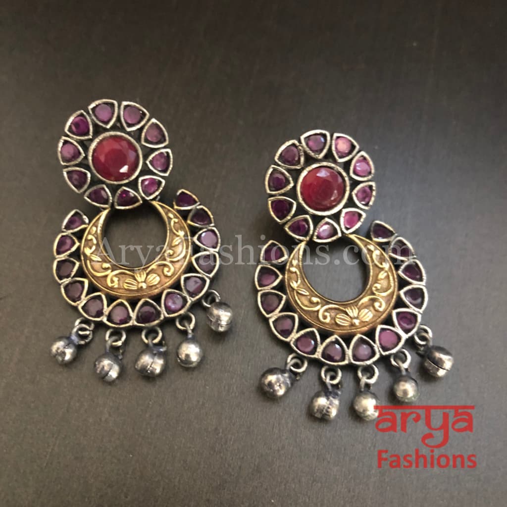 Ahira Dual Tone Colored Stone Studded Silver Oxidized Chandbali Earrings