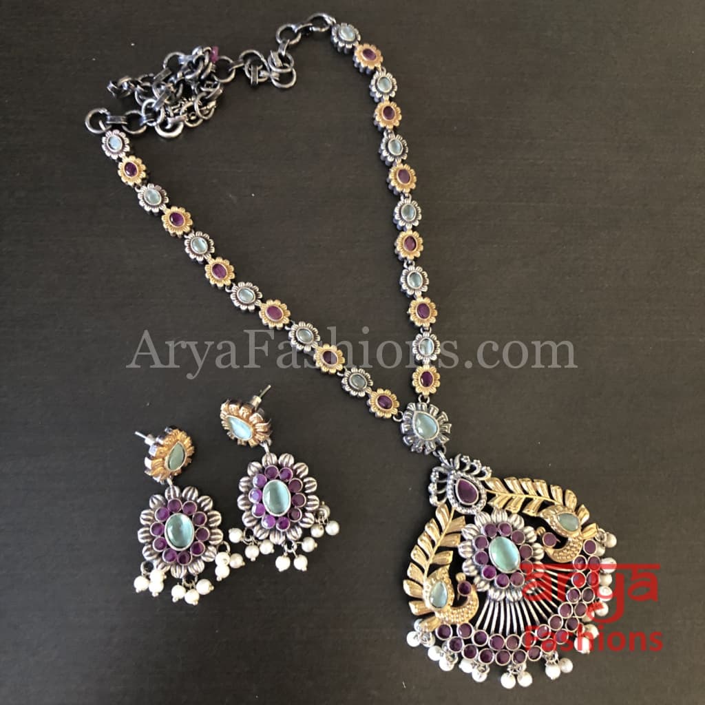 Aisha Dual Tone Oxidized Silver Designer Statement Necklace