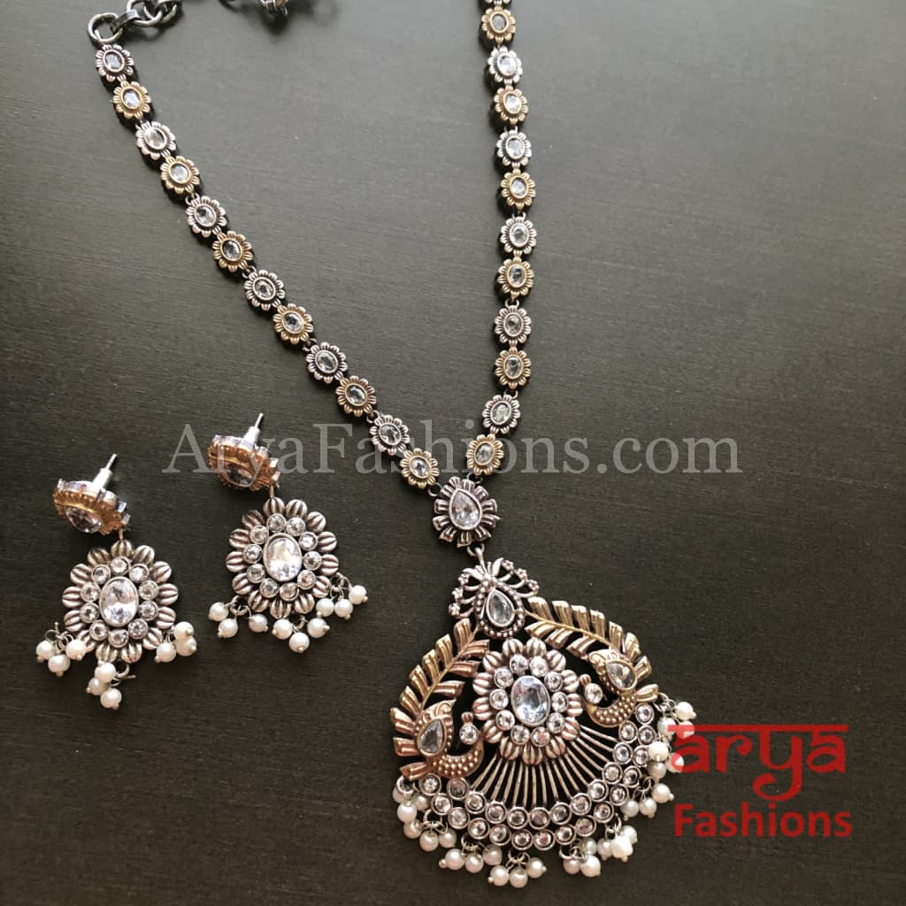 Aisha Dual Tone Oxidized Silver Designer Statement Necklace