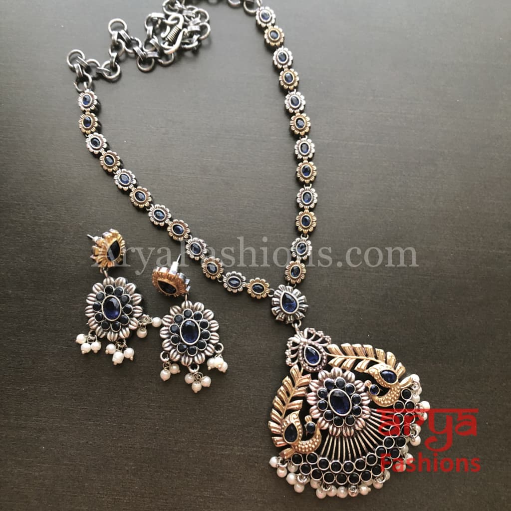 Aisha Dual Tone Oxidized Silver Designer Statement Necklace