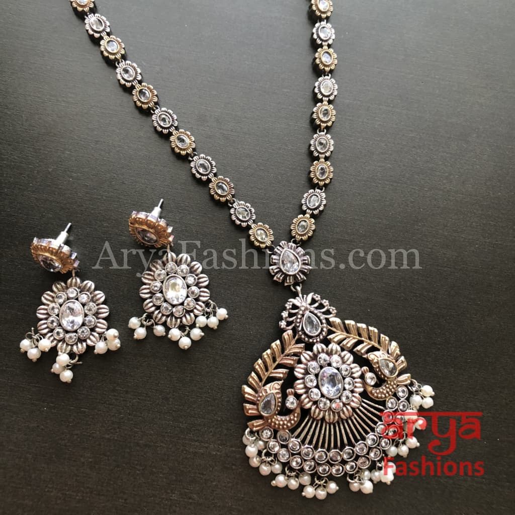 Aisha Dual Tone Oxidized Silver Designer Statement Necklace