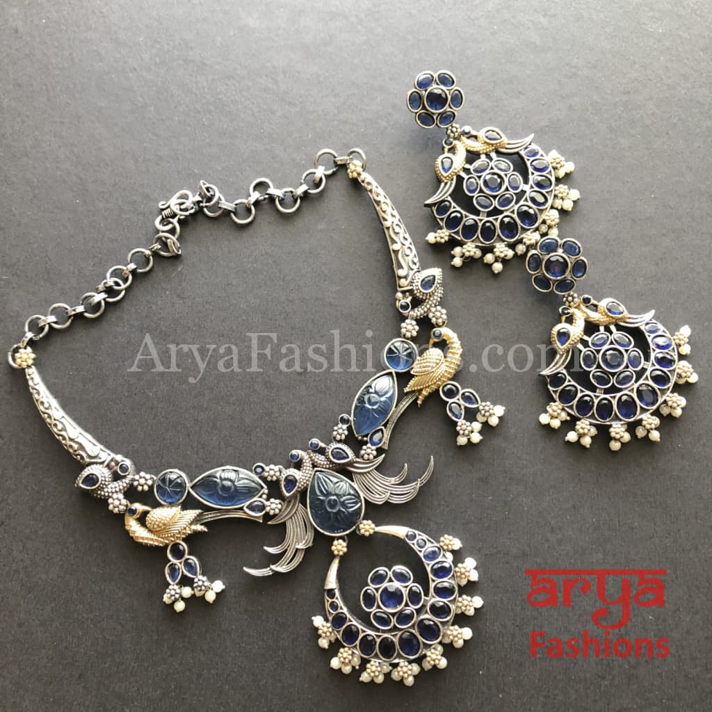 Aisha Dual Tone Oxidized Silver Statement Necklace with Handcarved Stones